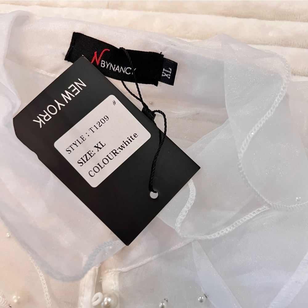 #A015  RomanticStyle EveningGlam  Nancy  White  Organza  Pearl  Ruffle Top NWT M - Picture 11 of 11